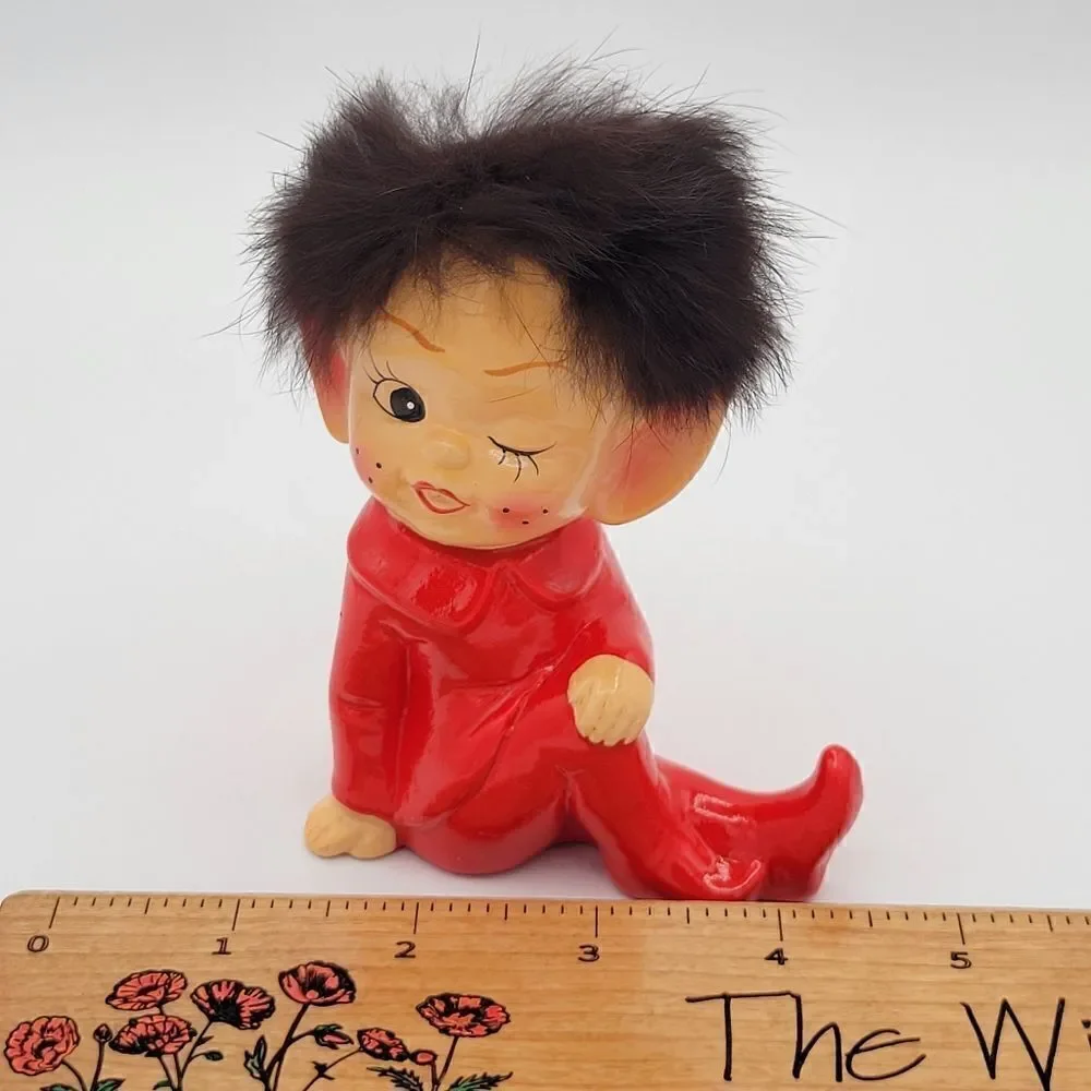 RARE Pristine 1950's Winking Red Pixie Elf Pointy Ear Real Fur Hair Figurine